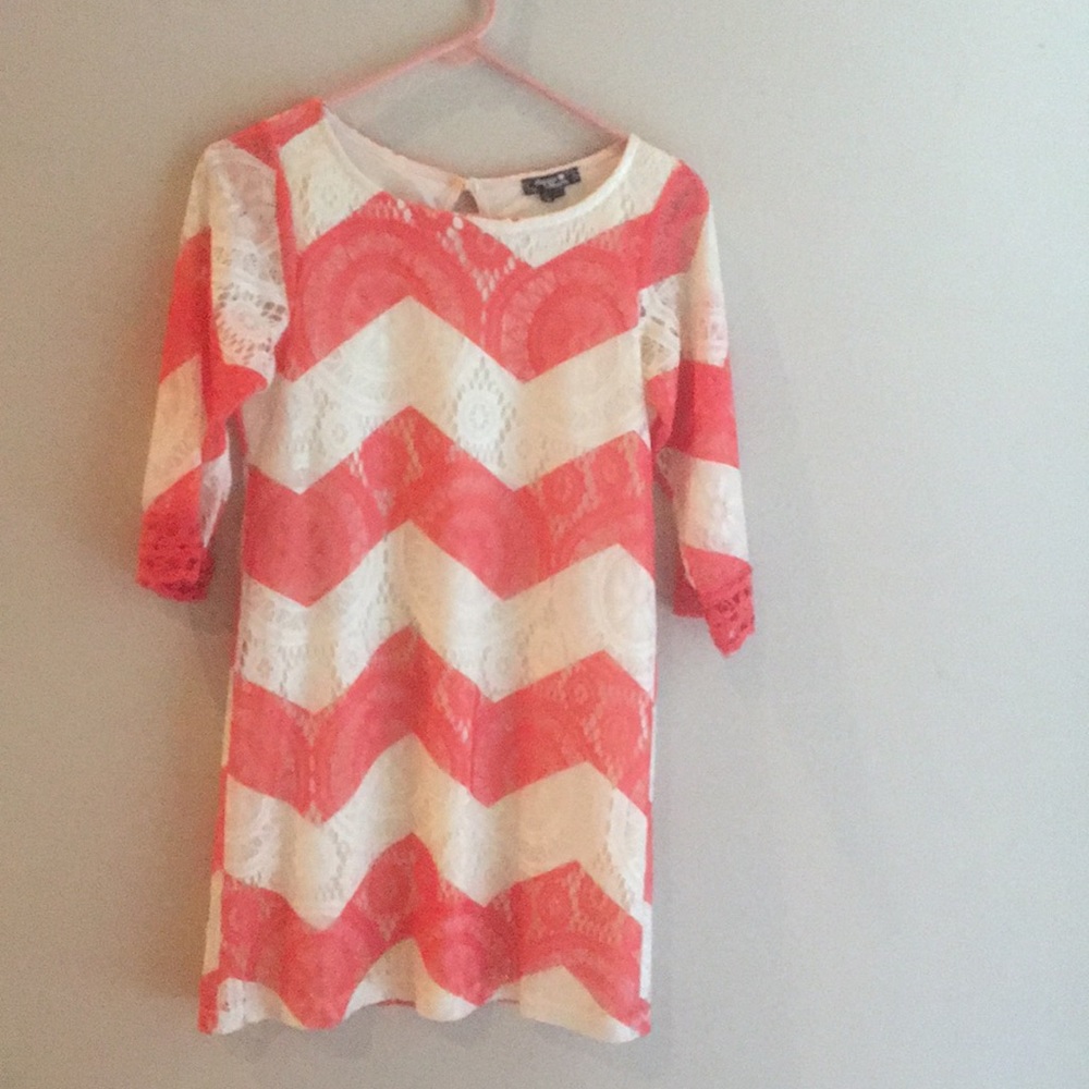 Coral and Cream Lace Chevron Dress